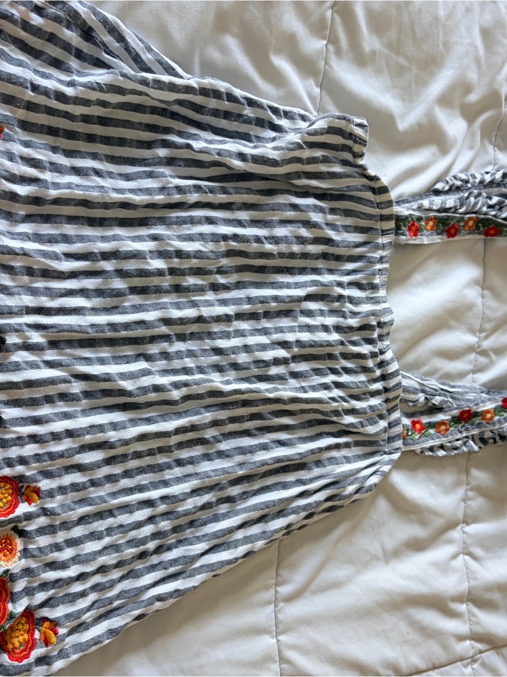 ANDREE BY UNIT Gray & White Striped Tank with Floral Embroidered Straps